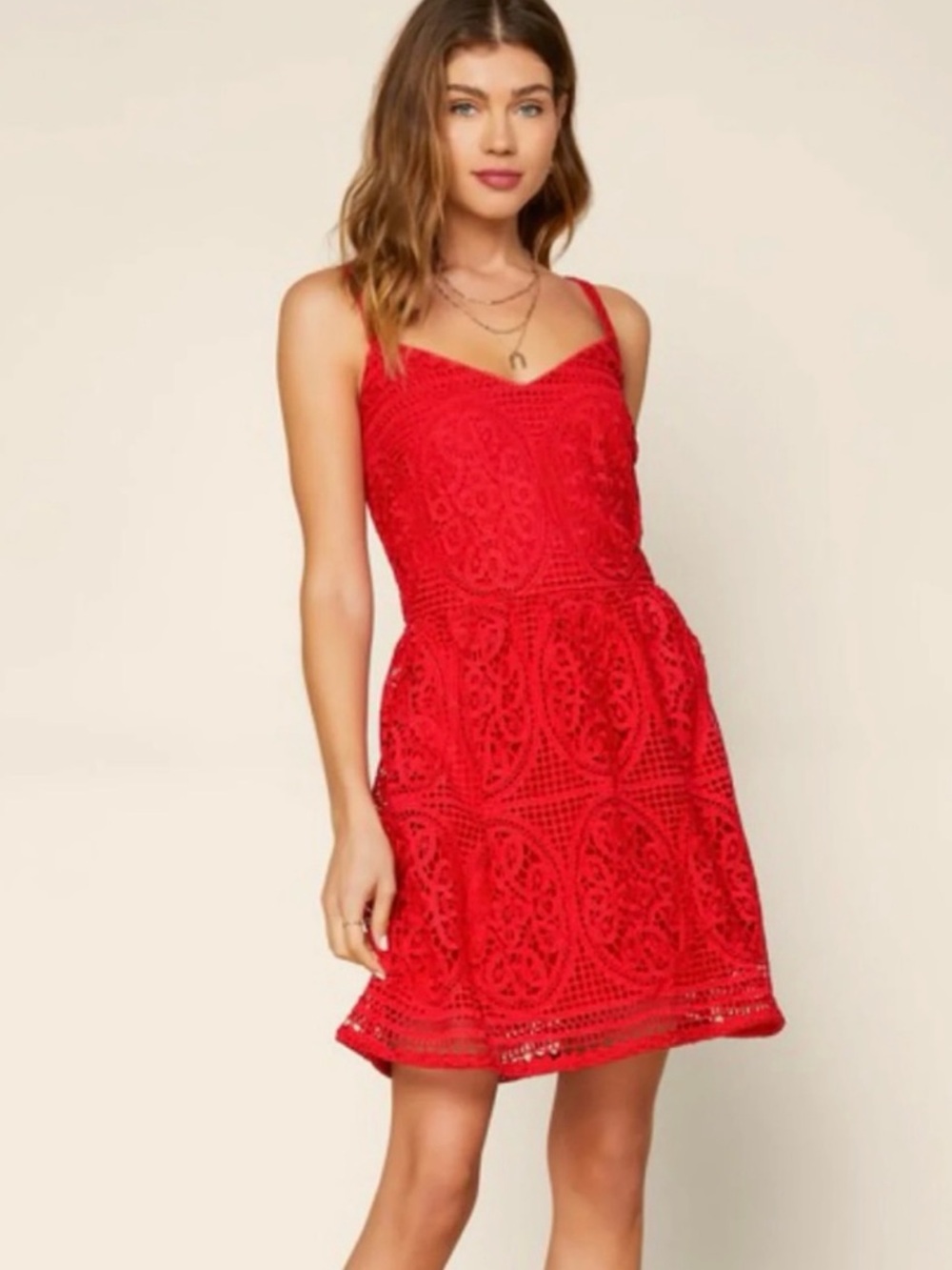 Red Lace Spaghetti Strap A-Line Dress